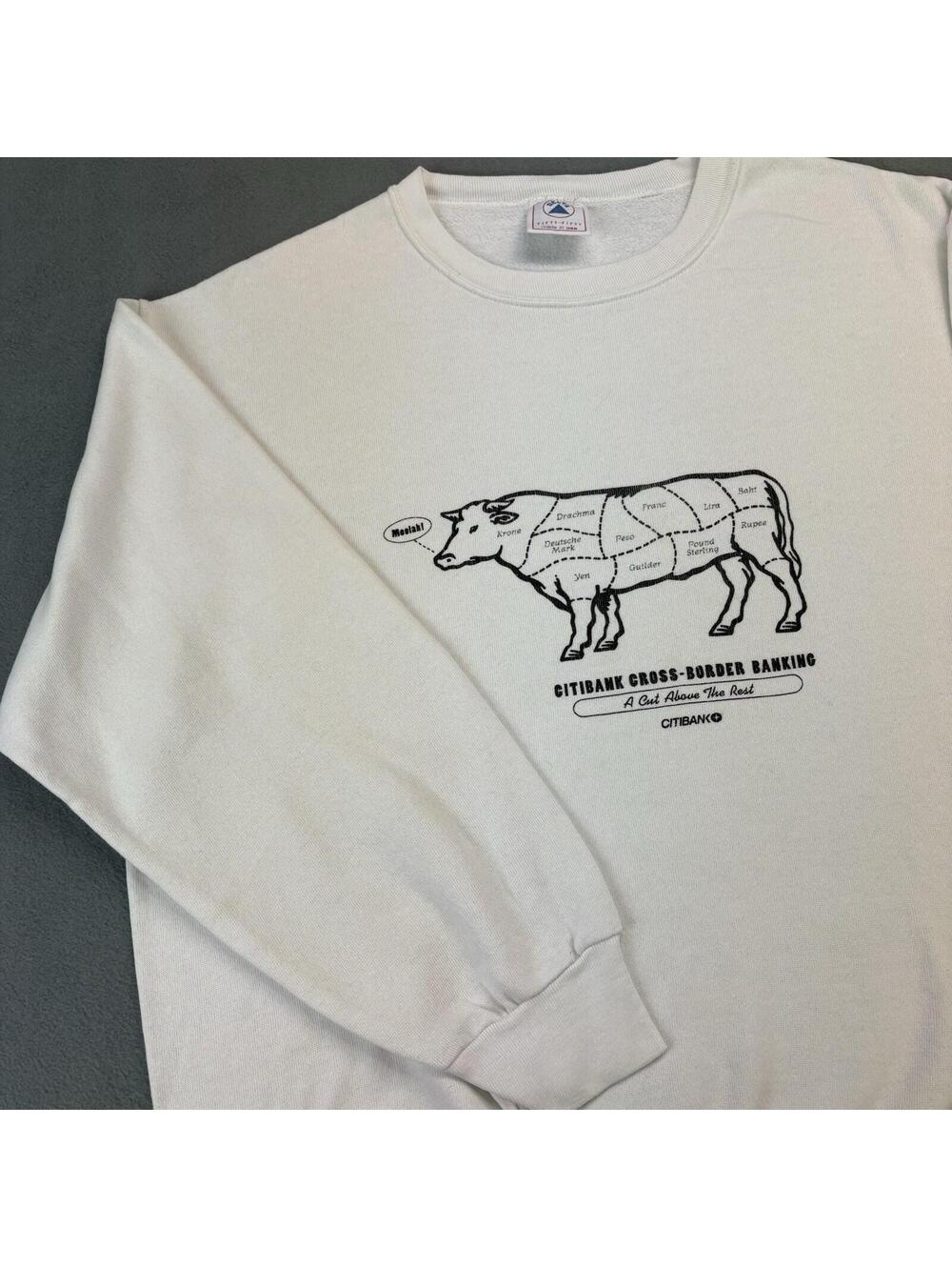 Vintage 90s Moolah Money Cow Humor Citibank Promo Crewneck Sweatshirt XL White